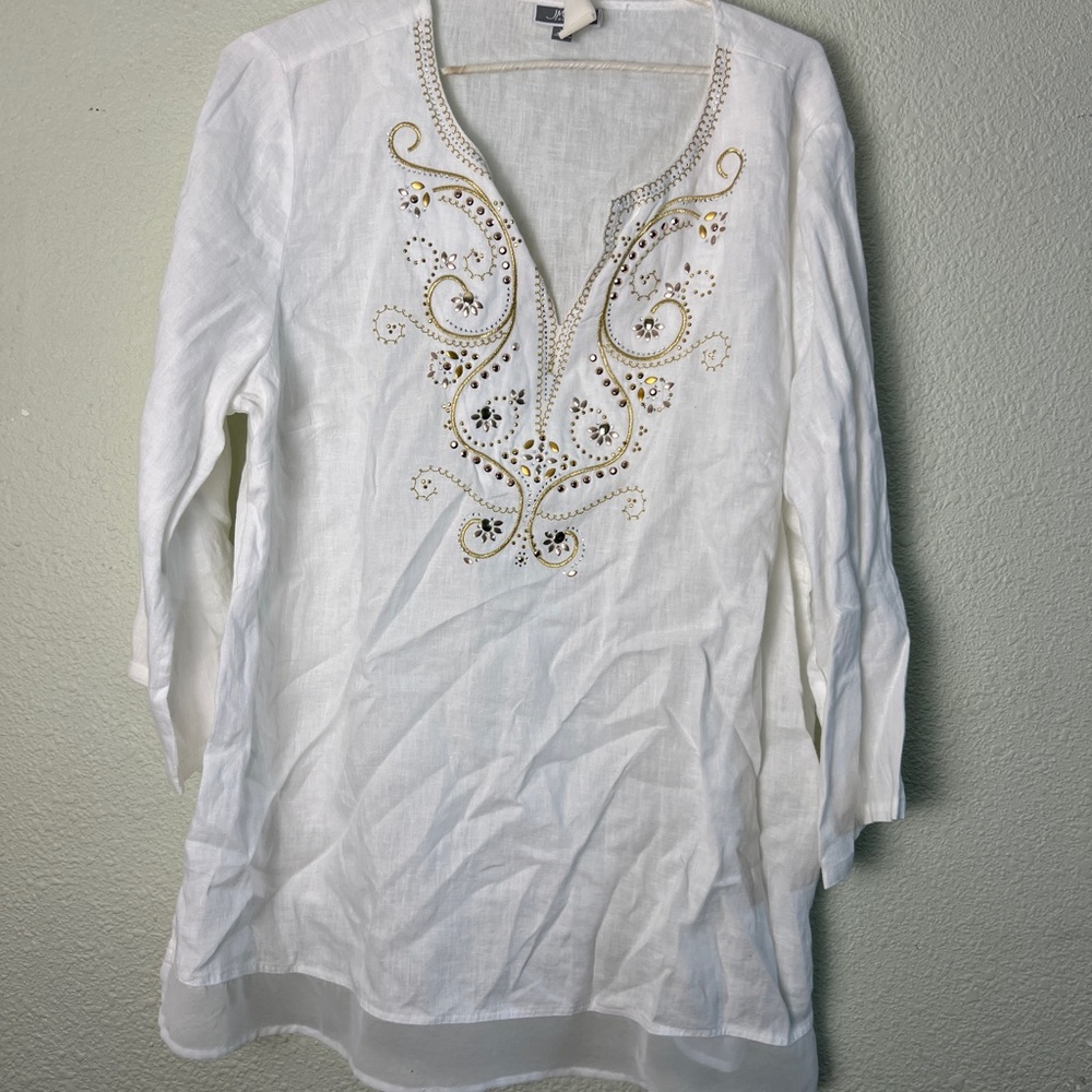 JM Collection White Natural Linen Embellished Tunic Shirt Artsy Top Womens XL - Picture 9 of 10